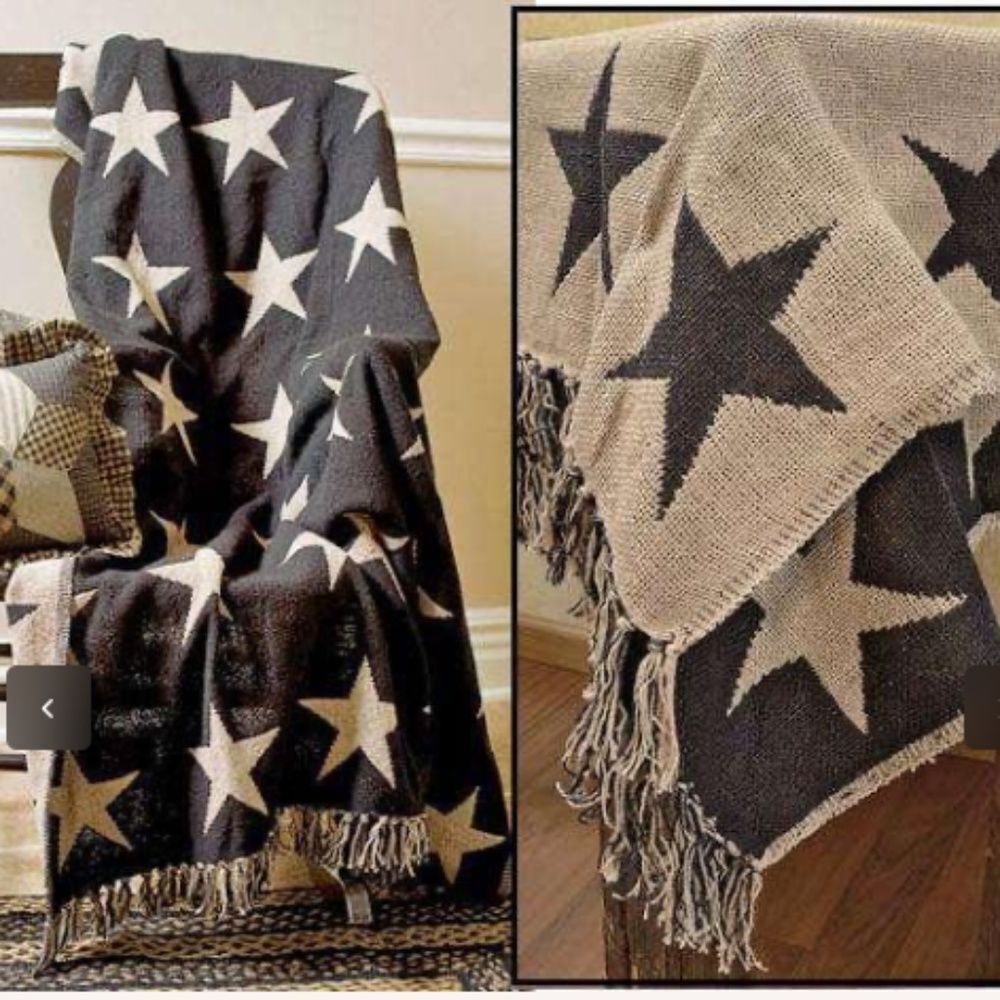 Black Tan Star Reversible Woven Cotton Throw Blanket Farmhouse Cottage Country